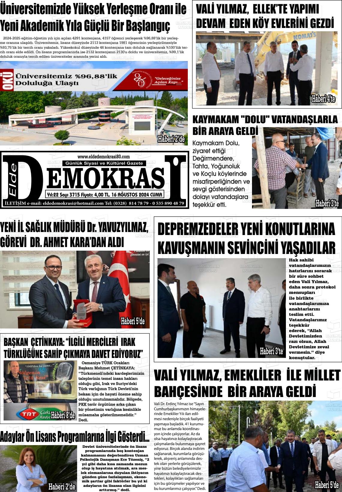 16 Ağustos 2024 Elde Demokrasi Gazete Manşeti