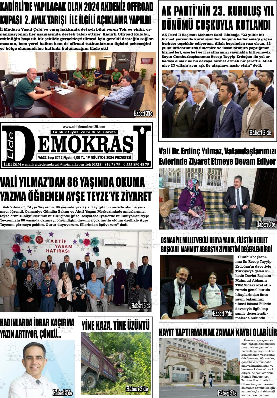 19 Ağustos 2024 Elde Demokrasi Gazete Manşeti