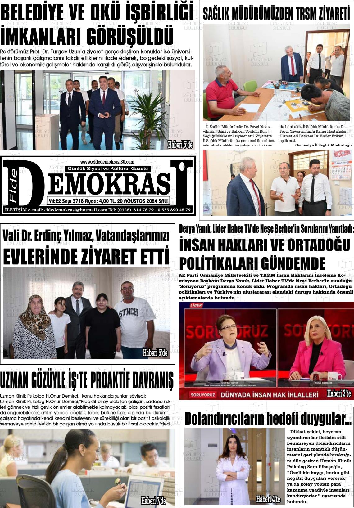 20 Ağustos 2024 Elde Demokrasi Gazete Manşeti