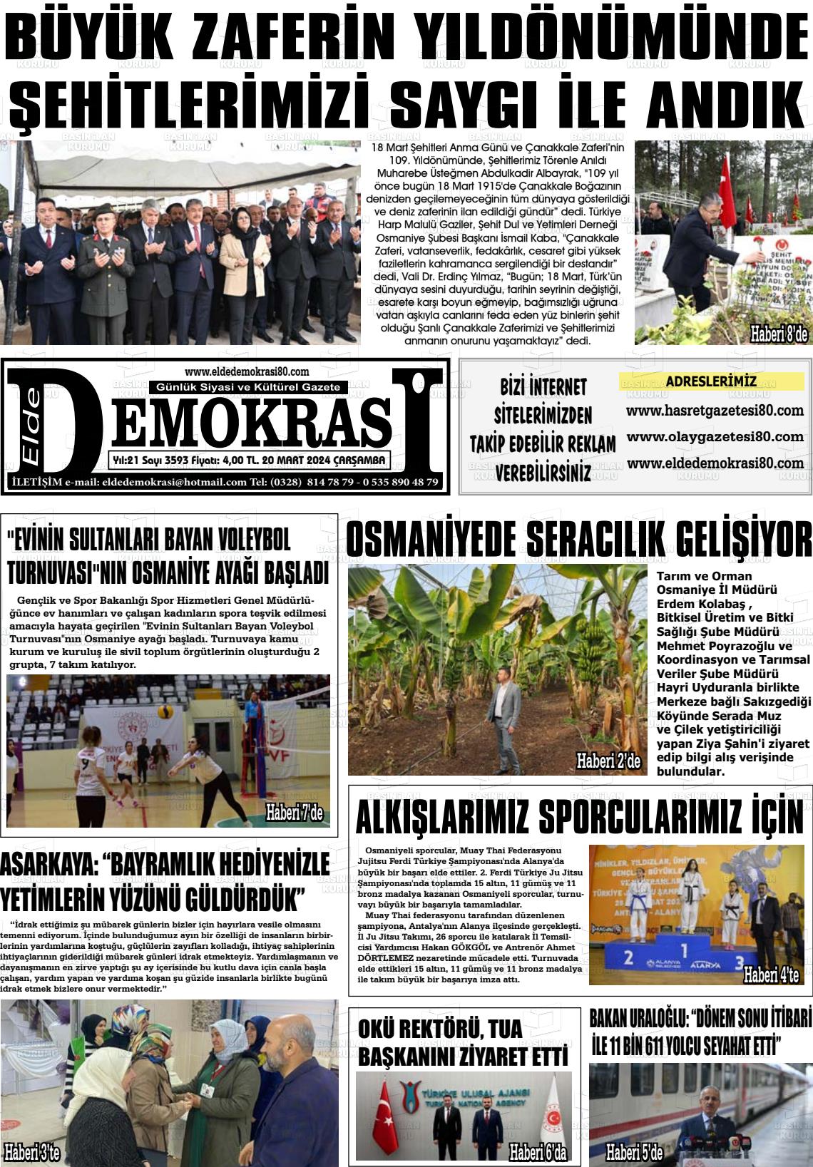 20 Mart 2024 Elde Demokrasi Gazete Manşeti