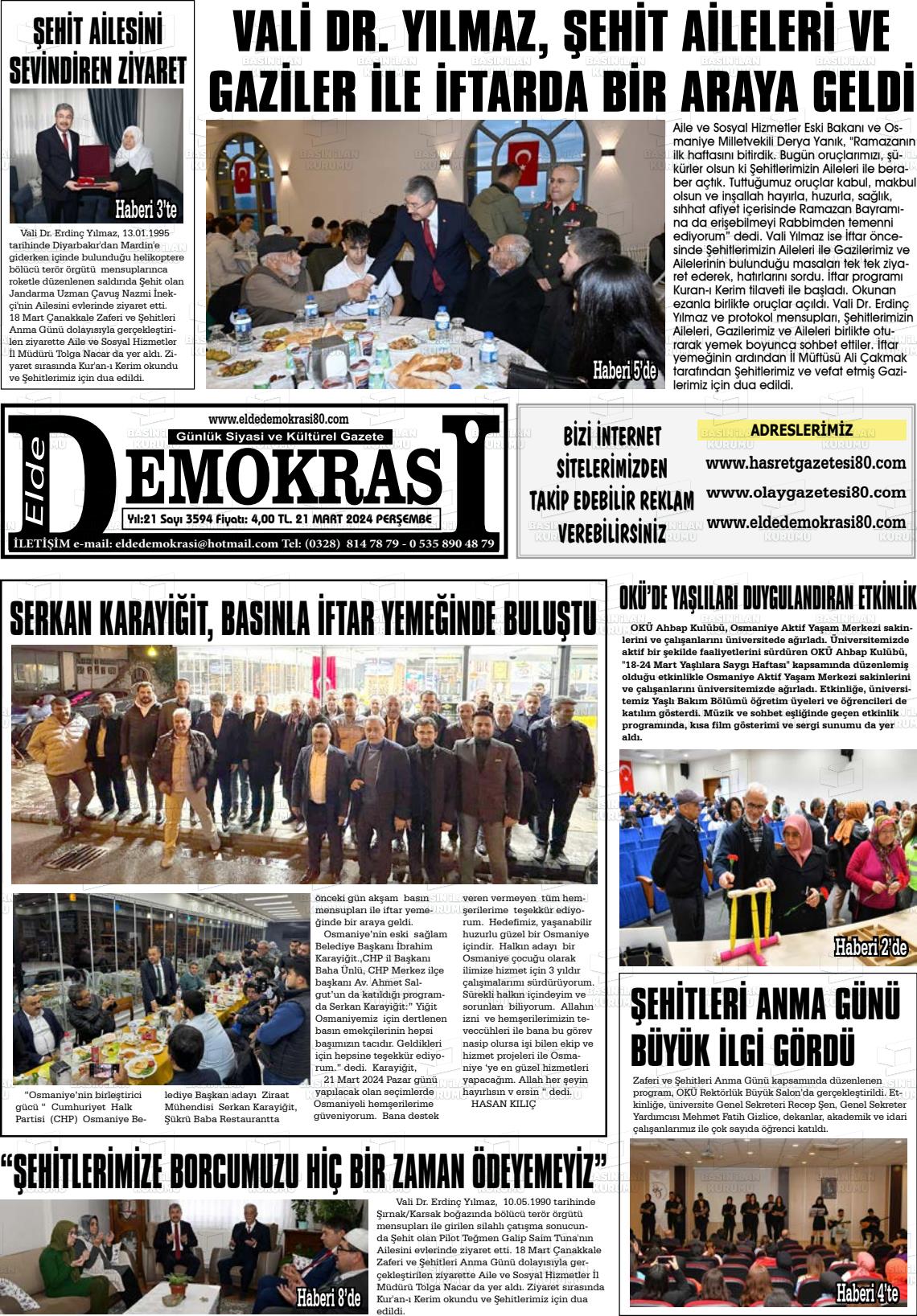 21 Mart 2024 Elde Demokrasi Gazete Manşeti