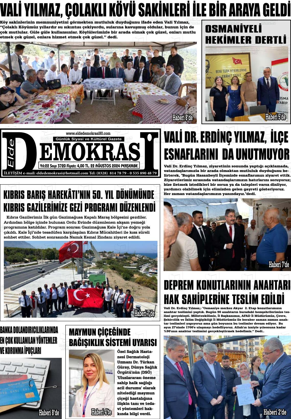 22 Ağustos 2024 Elde Demokrasi Gazete Manşeti