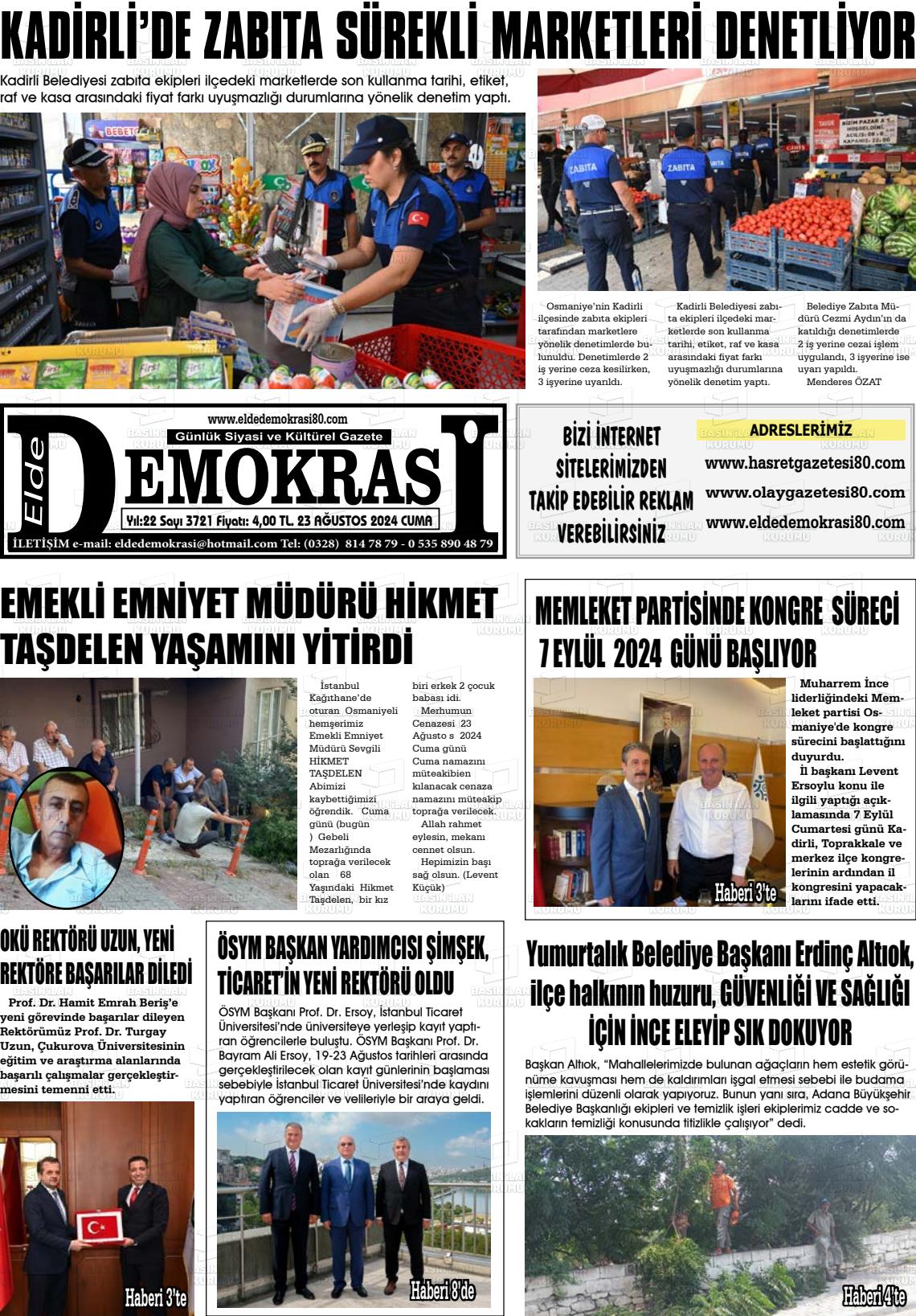 23 Ağustos 2024 Elde Demokrasi Gazete Manşeti