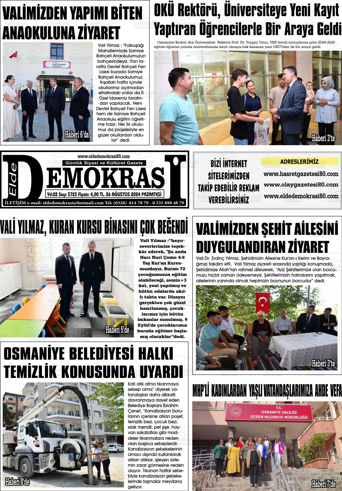 26 Ağustos 2024 Elde Demokrasi Gazete Manşeti