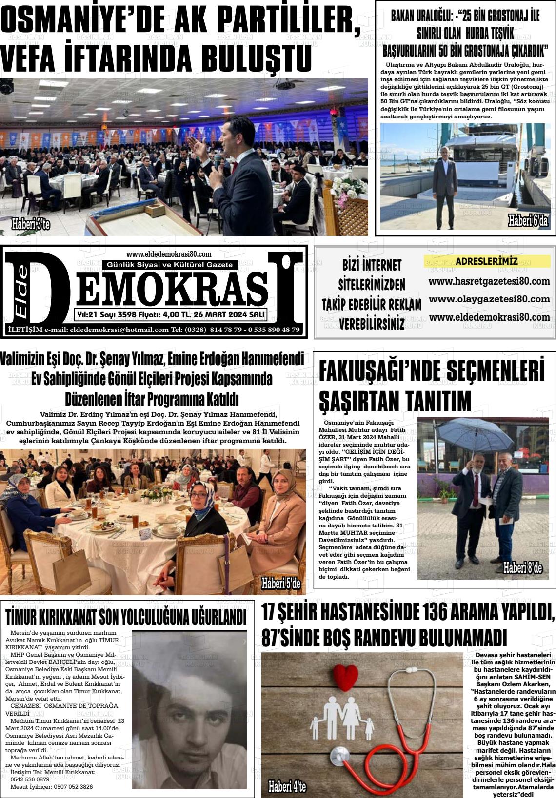 26 Mart 2024 Elde Demokrasi Gazete Manşeti