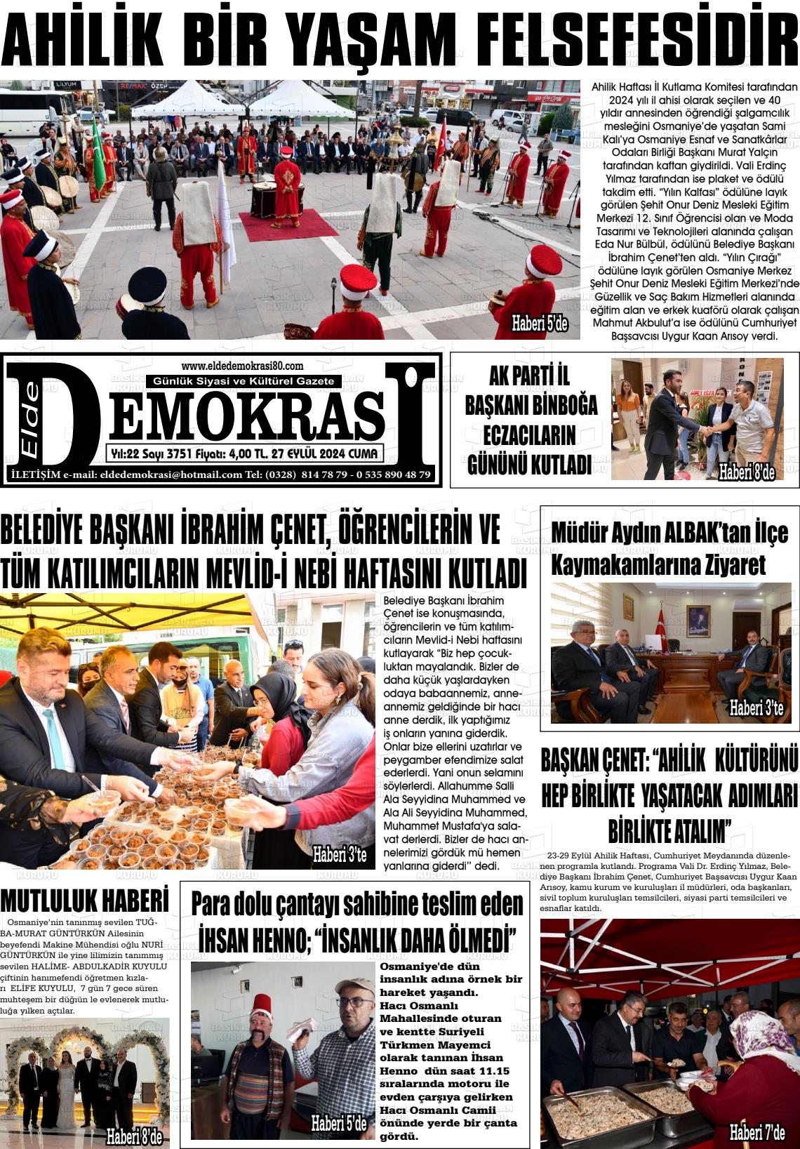 27 Eylül 2024 Elde Demokrasi Gazete Manşeti