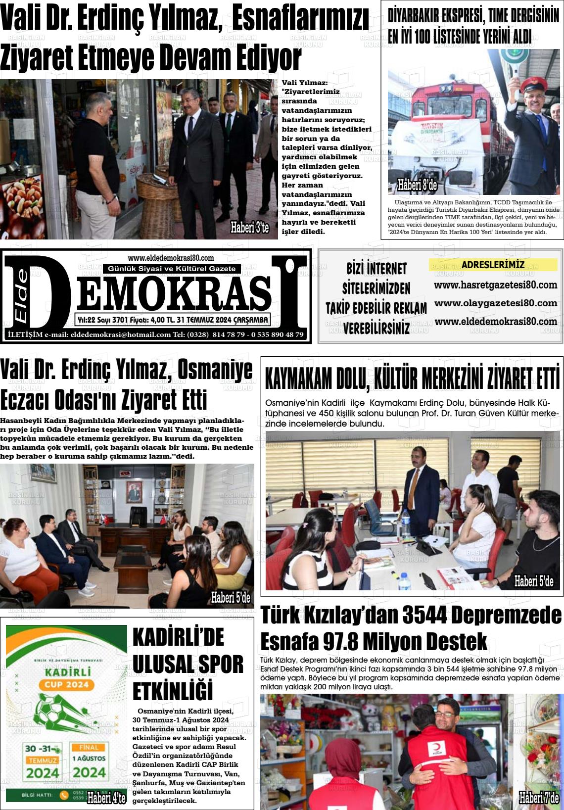 31 Temmuz 2024 Elde Demokrasi Gazete Manşeti