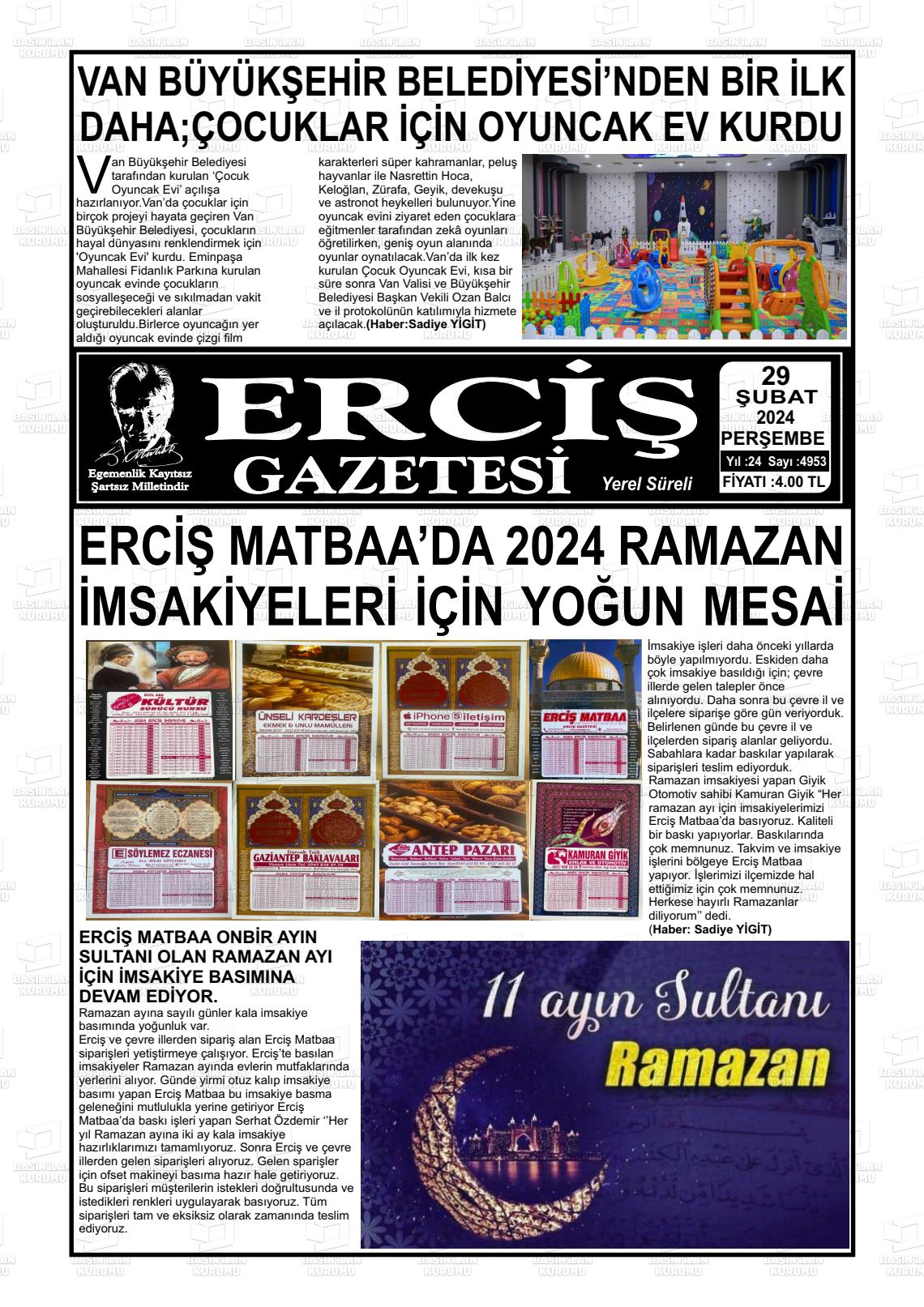 29 Şubat 2024 Erciş Gazete Manşeti