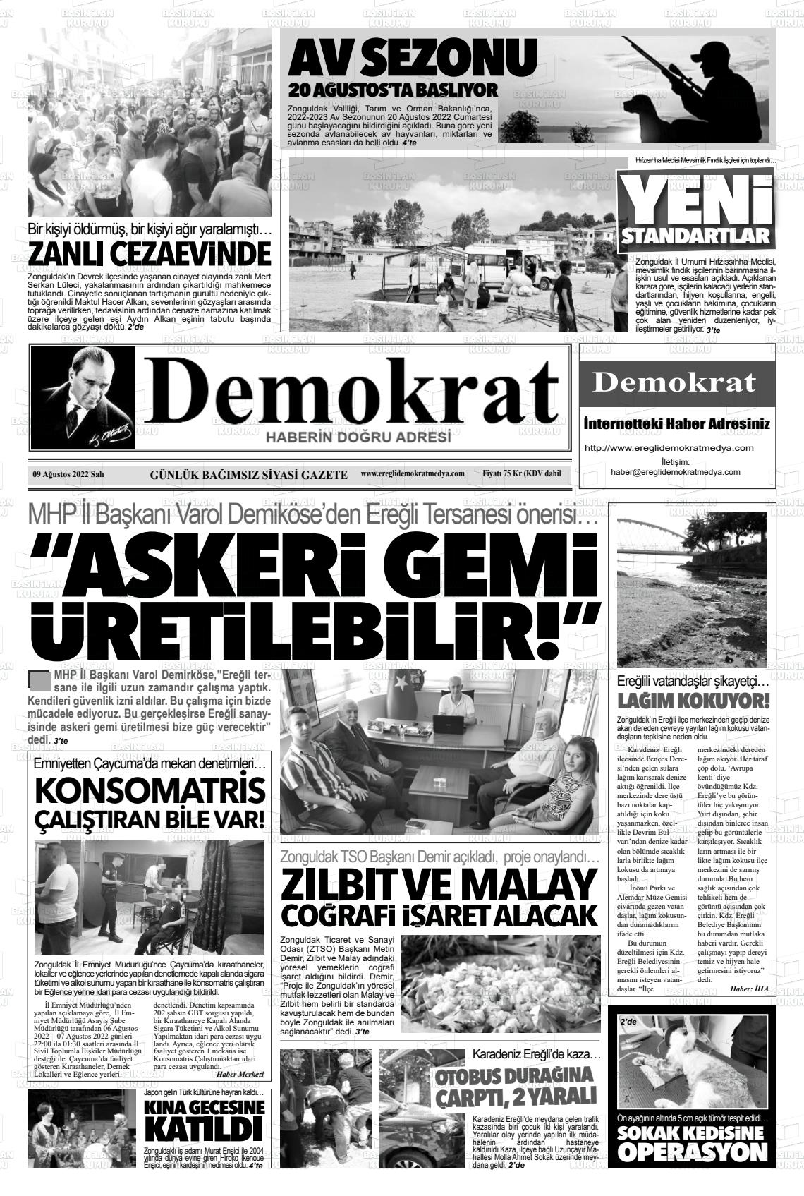 09 Ağustos 2022 Ereğli Demokrat Gazete Manşeti