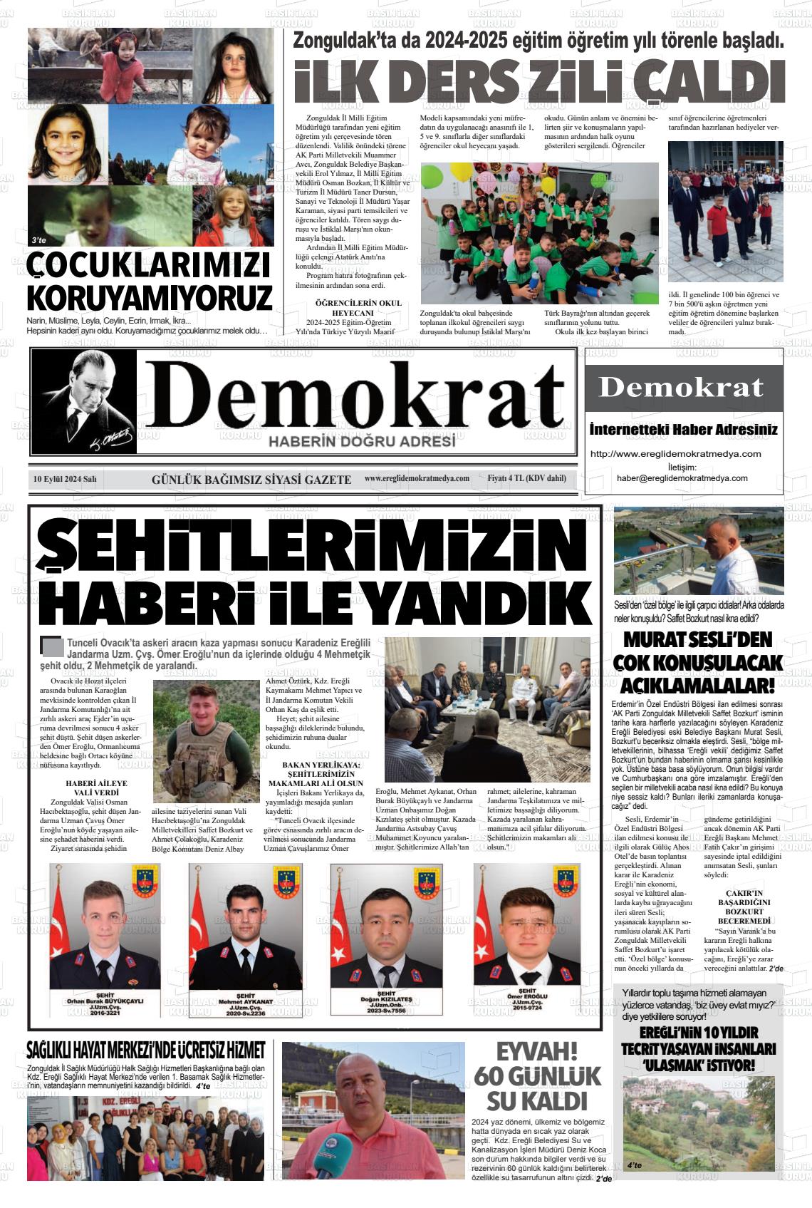 10 Eylül 2024 Ereğli Demokrat Gazete Manşeti