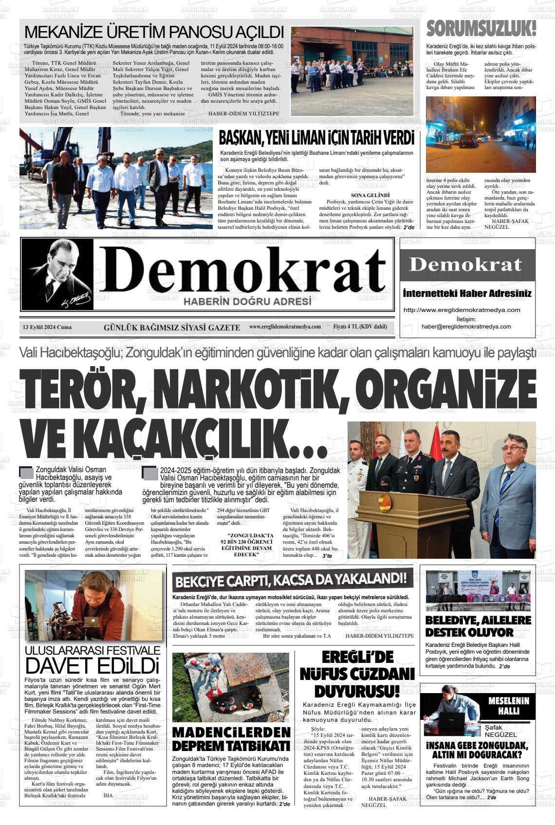 13 Eylül 2024 Ereğli Demokrat Gazete Manşeti