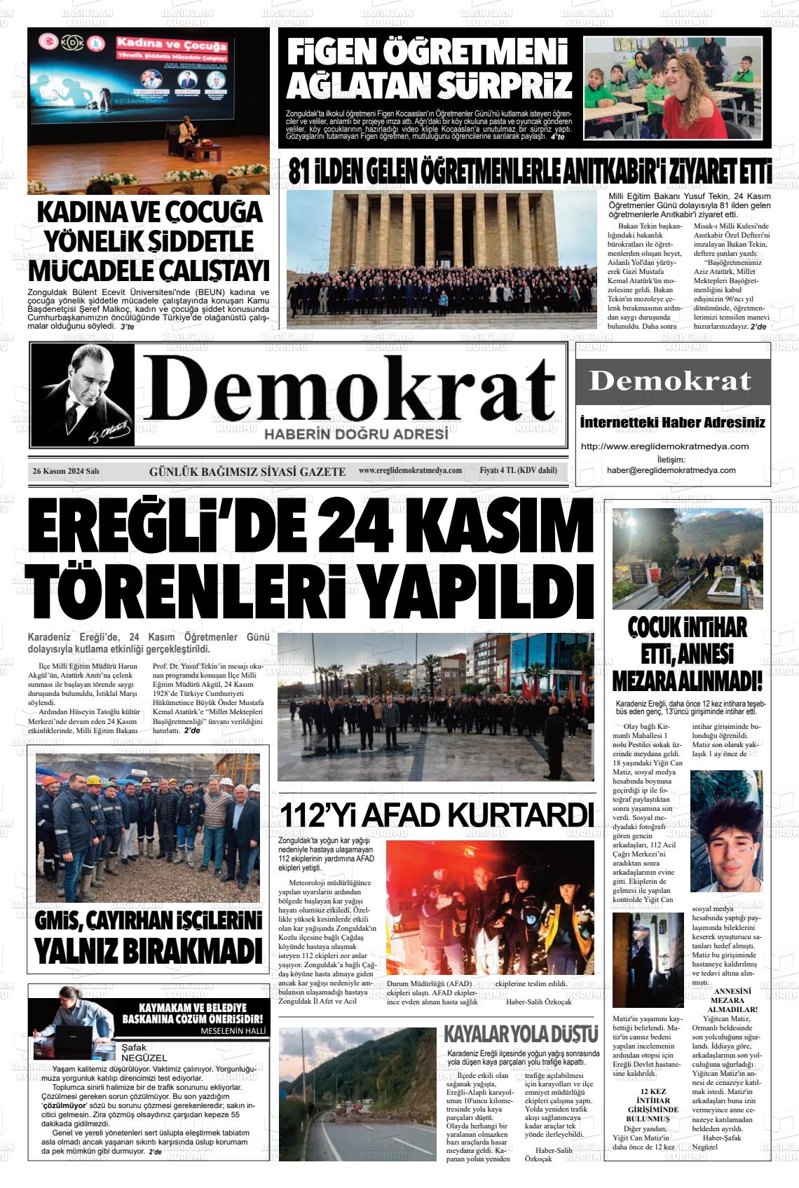 26 Kasım 2024 Ereğli Demokrat Gazete Manşeti