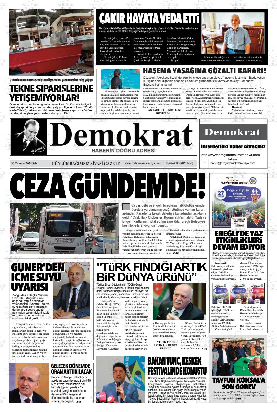 30 Temmuz 2024 Ereğli Demokrat Gazete Manşeti