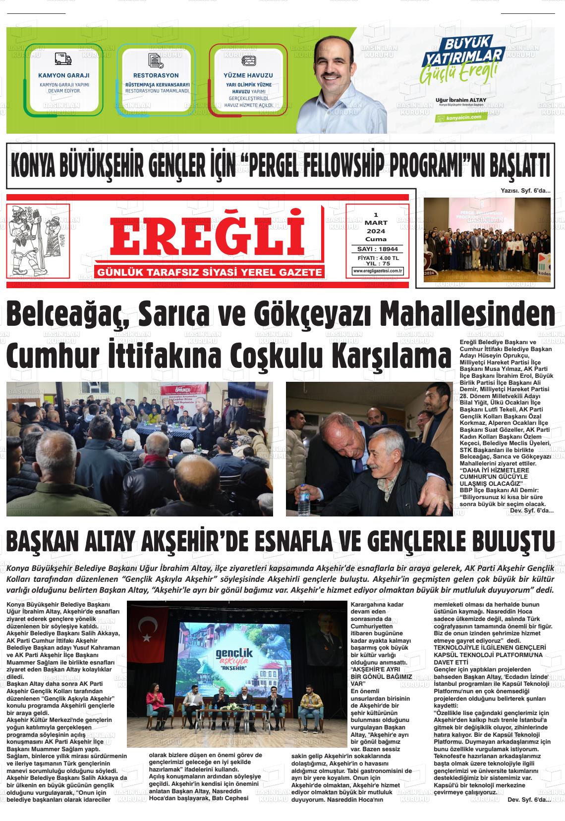 01 Mart 2024 Ereğli Gazete Manşeti