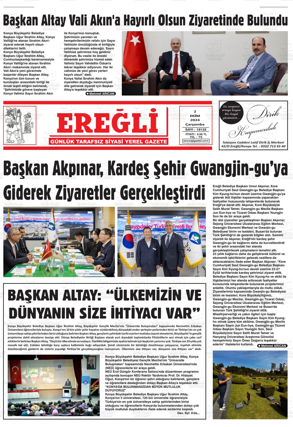 02 Ekim 2024 Ereğli Gazete Manşeti