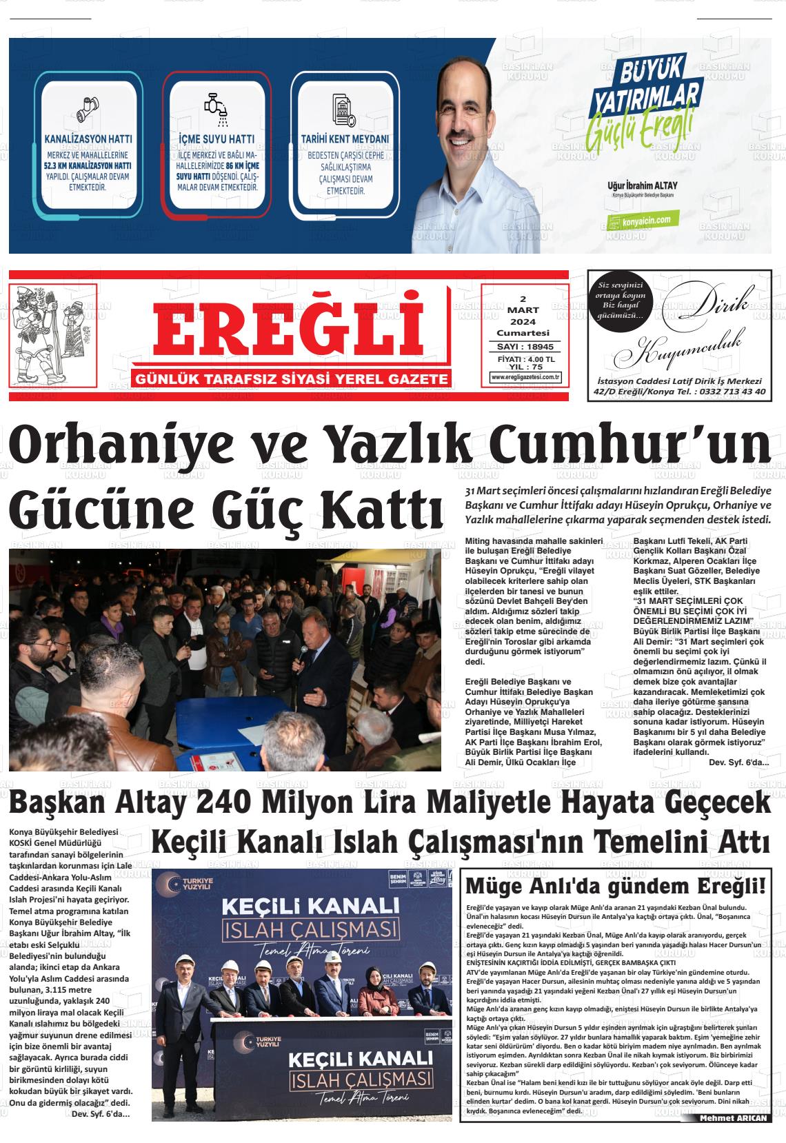 02 Mart 2024 Ereğli Gazete Manşeti