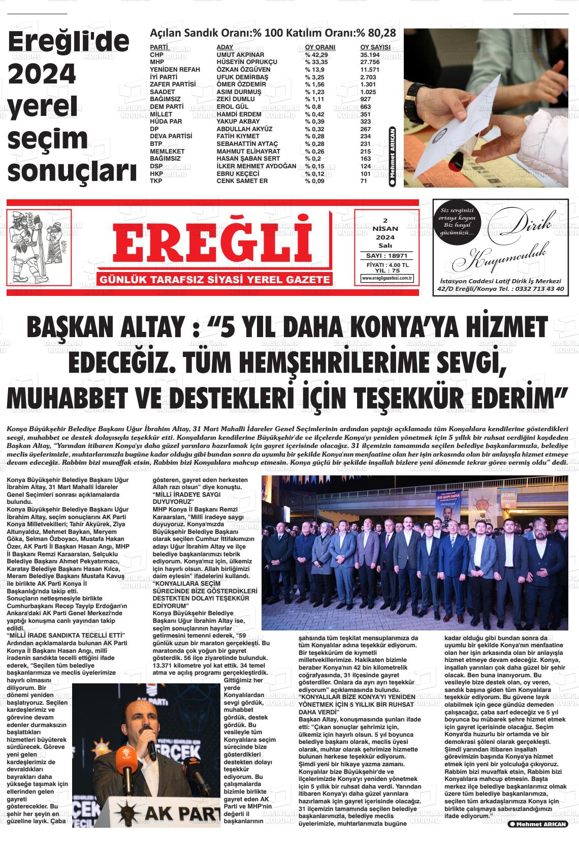 02 Nisan 2024 Ereğli Gazete Manşeti