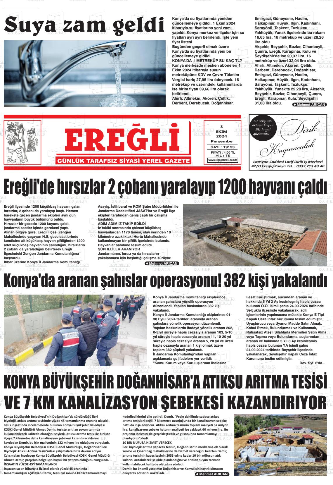 03 Ekim 2024 Ereğli Gazete Manşeti