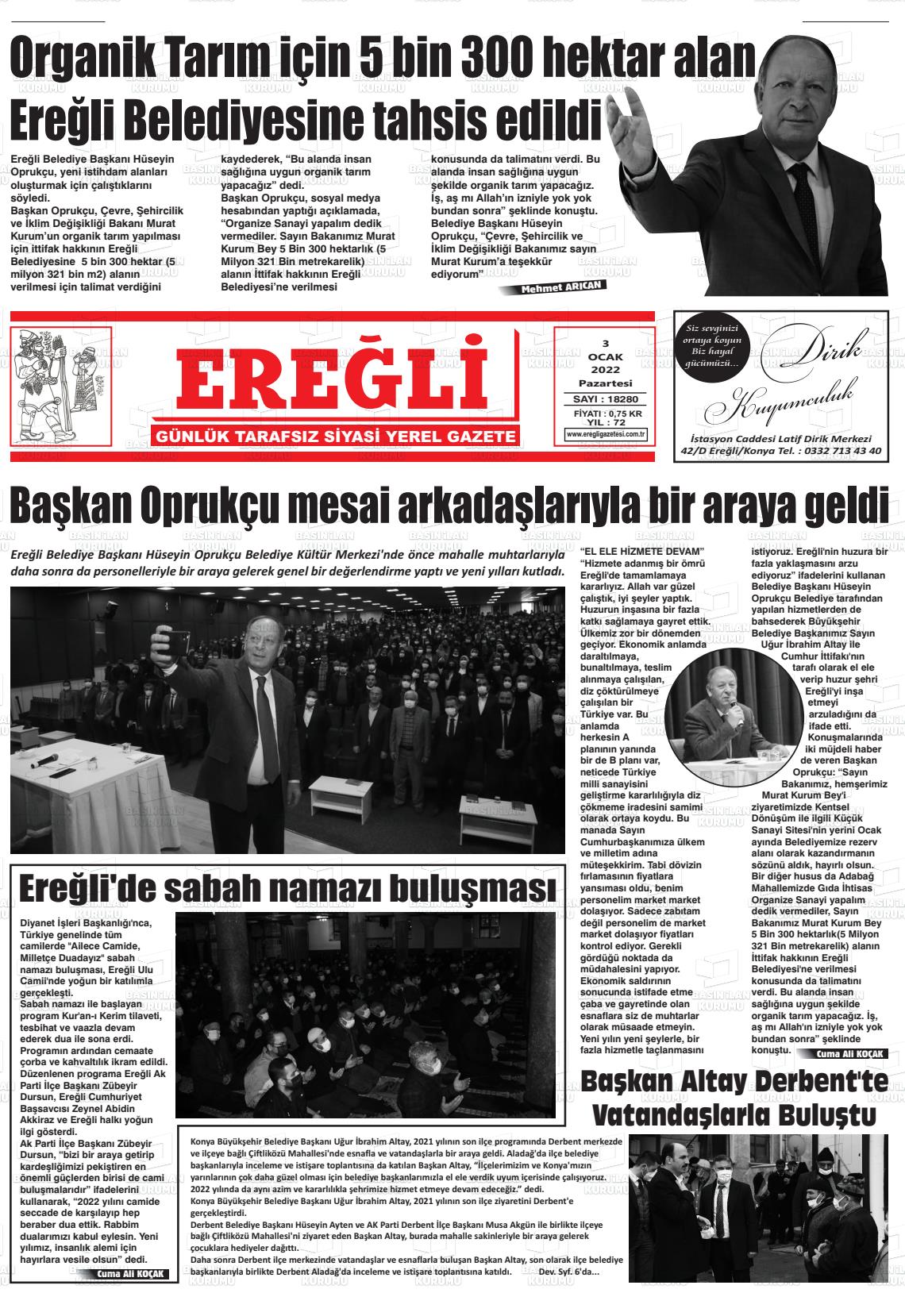 03 Ocak 2022 Ereğli Gazete Manşeti