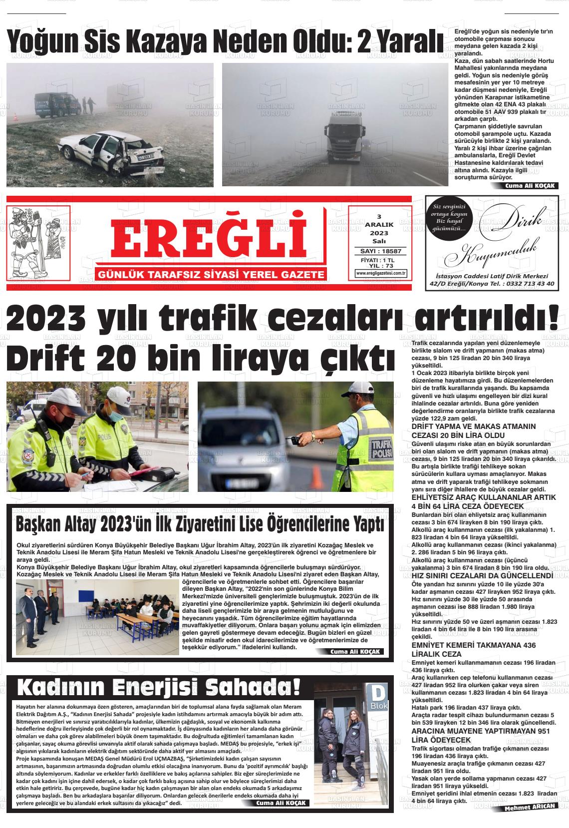 03 Ocak 2023 Ereğli Gazete Manşeti