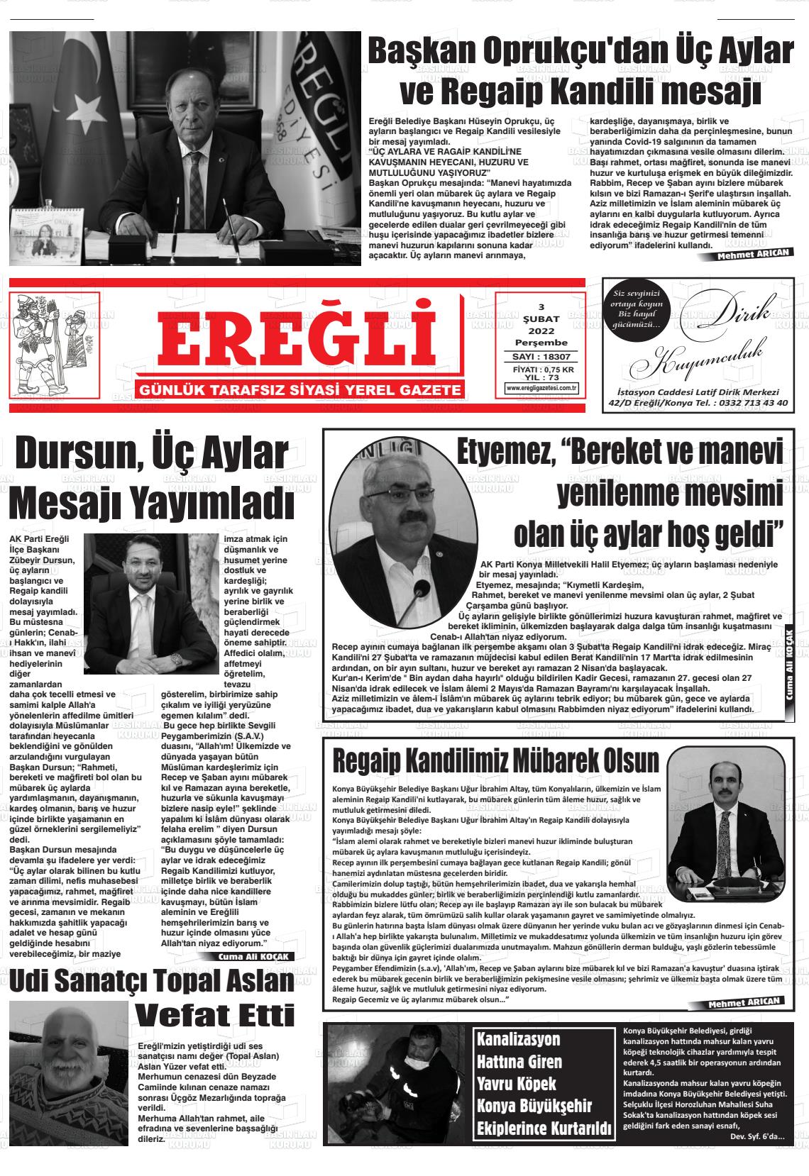 03 Şubat 2022 Ereğli Gazete Manşeti