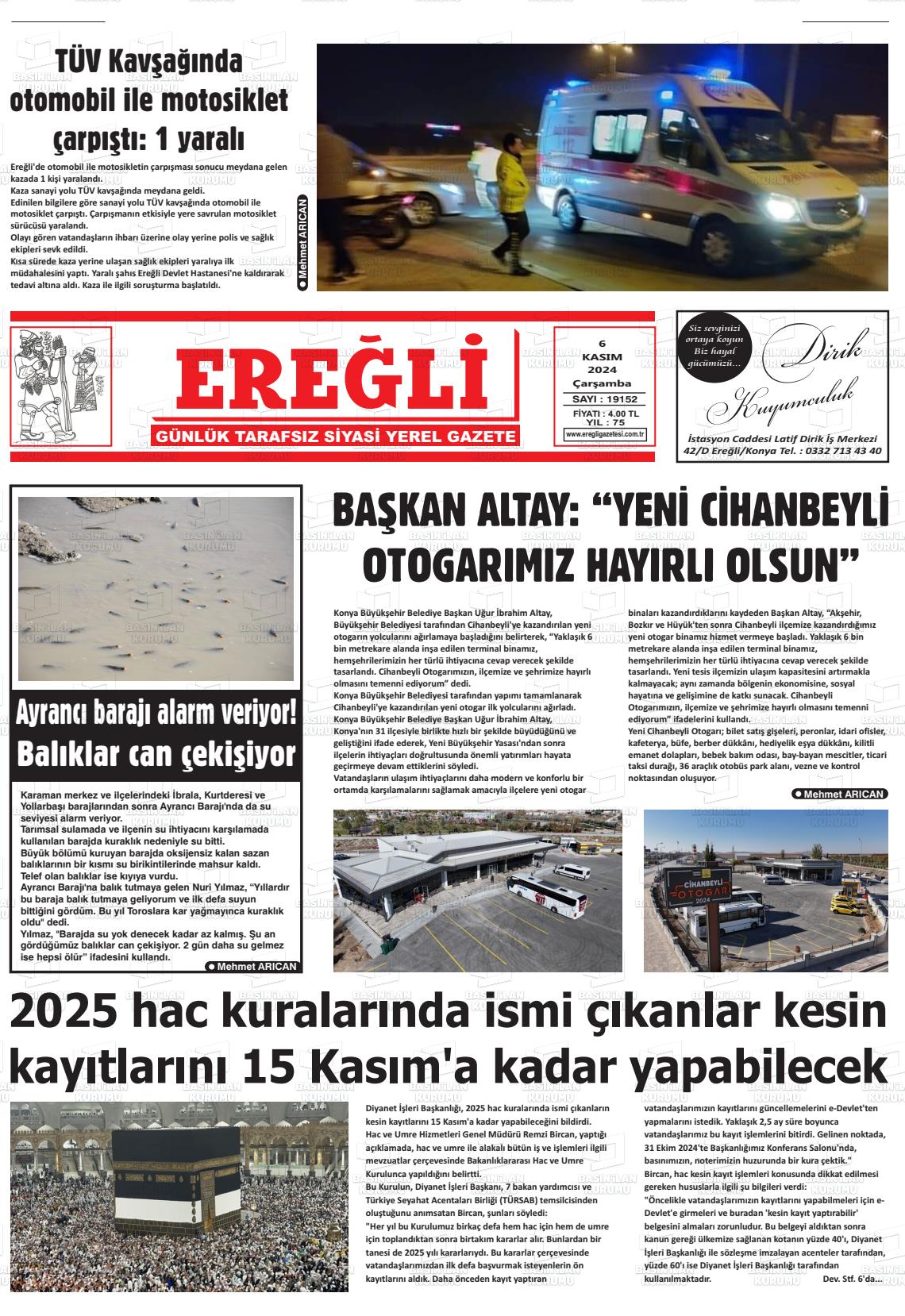 06 Kasım 2024 Ereğli Gazete Manşeti