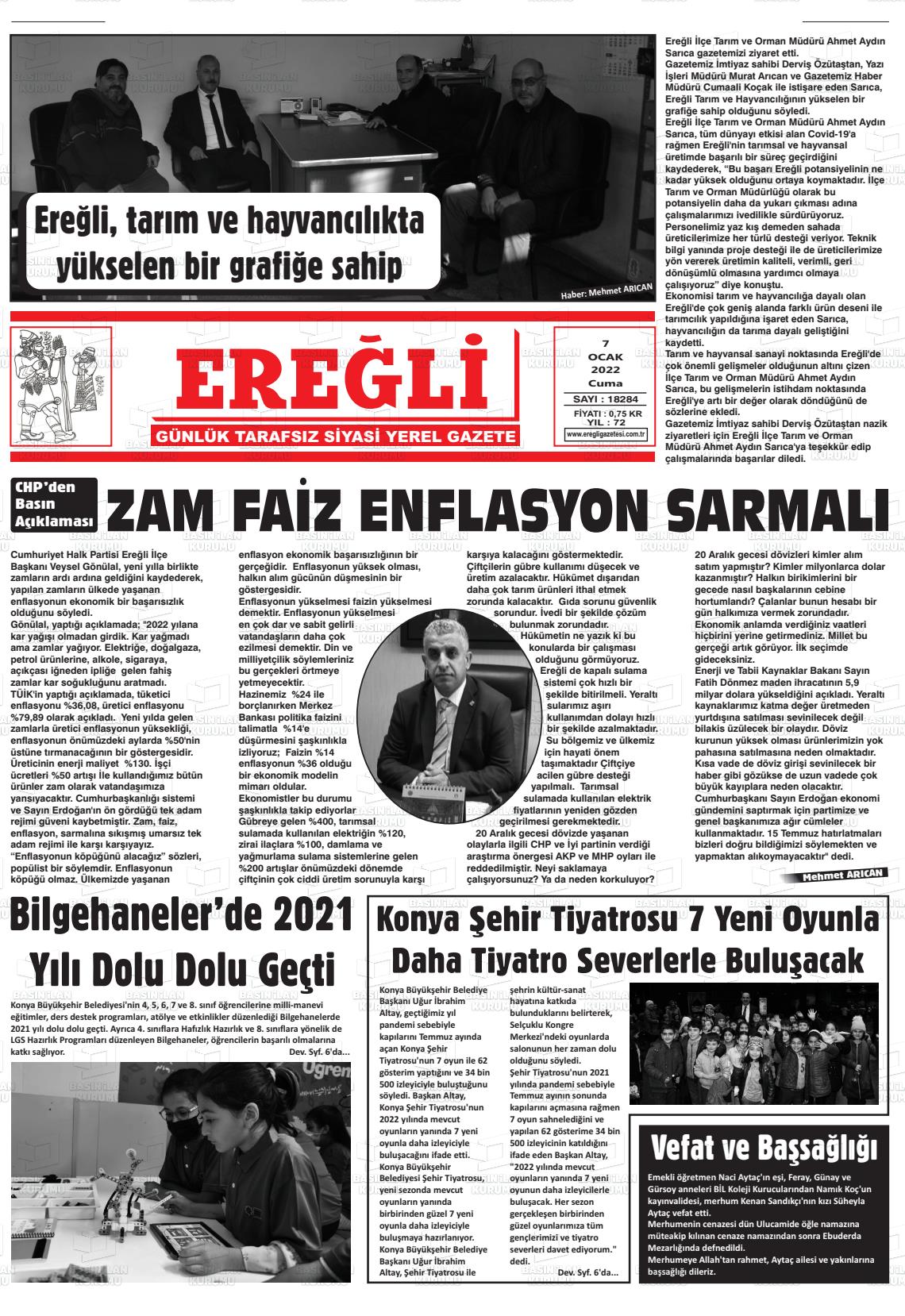 07 Ocak 2022 Ereğli Gazete Manşeti