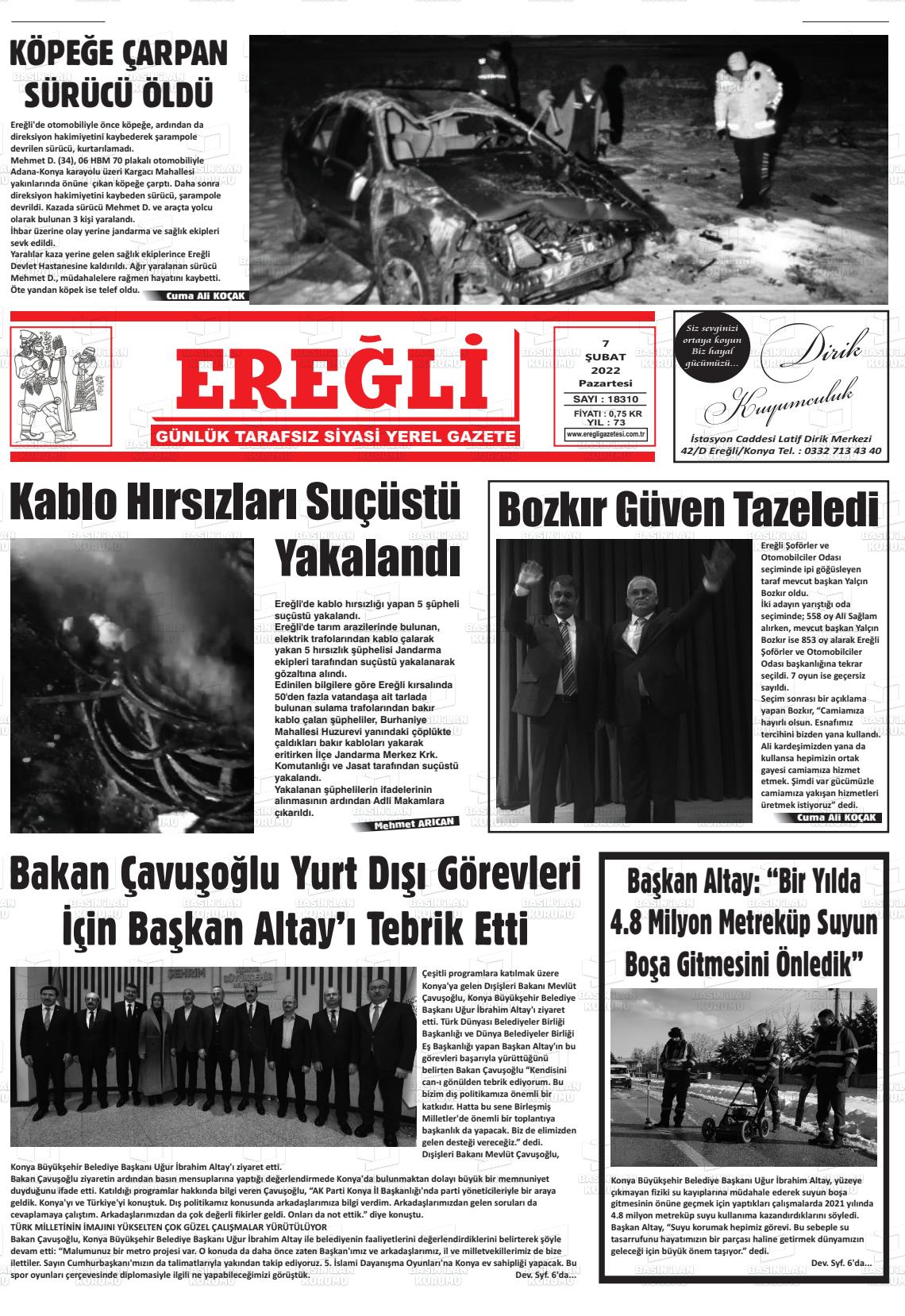 07 Şubat 2022 Ereğli Gazete Manşeti