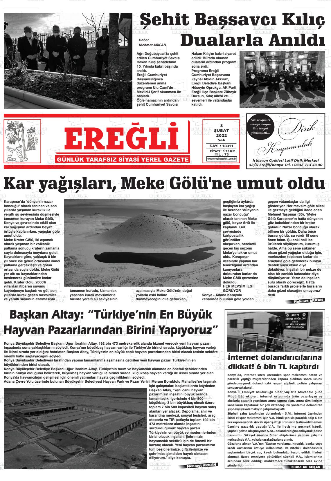 08 Şubat 2022 Ereğli Gazete Manşeti