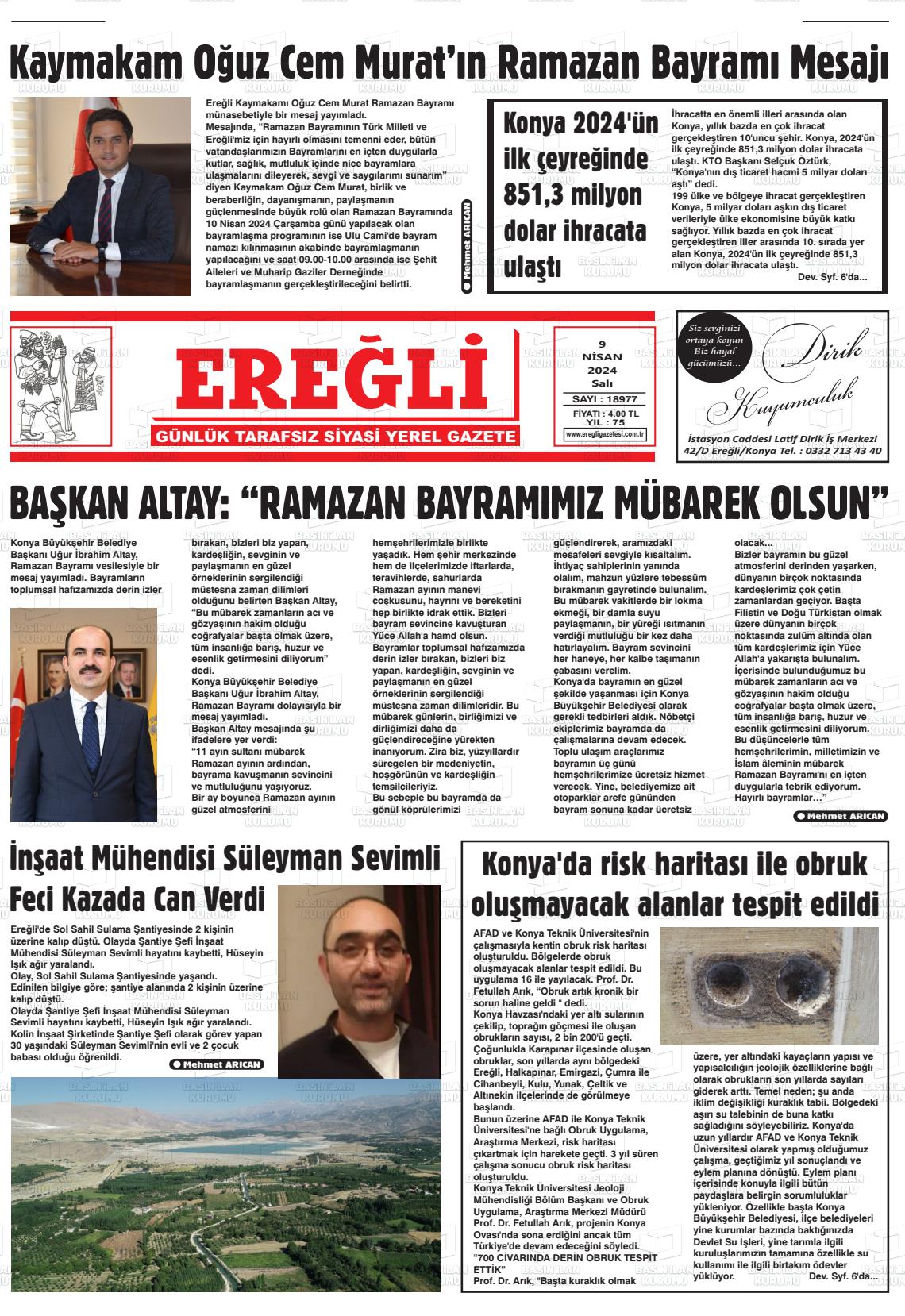 09 Nisan 2024 Ereğli Gazete Manşeti