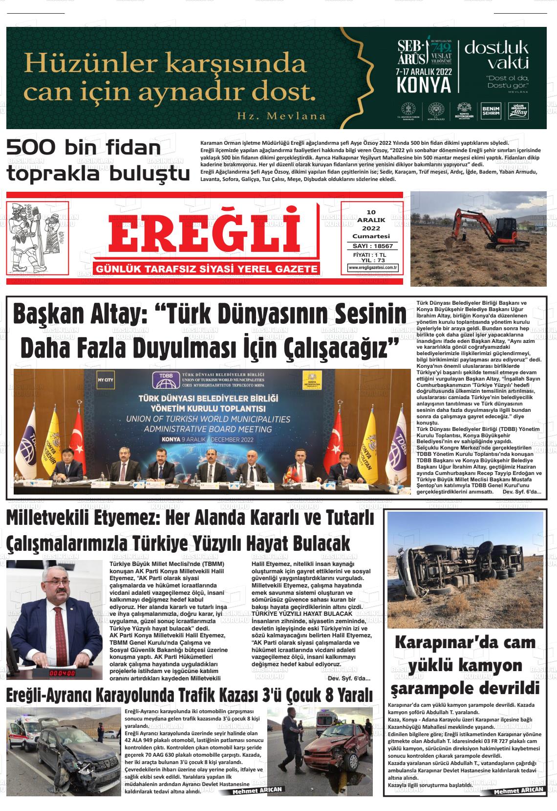 10 Aralık 2022 Ereğli Gazete Manşeti