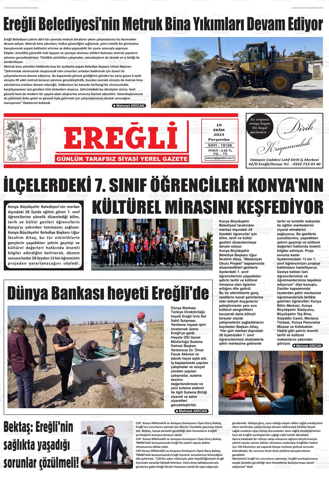 10 Ekim 2024 Ereğli Gazete Manşeti