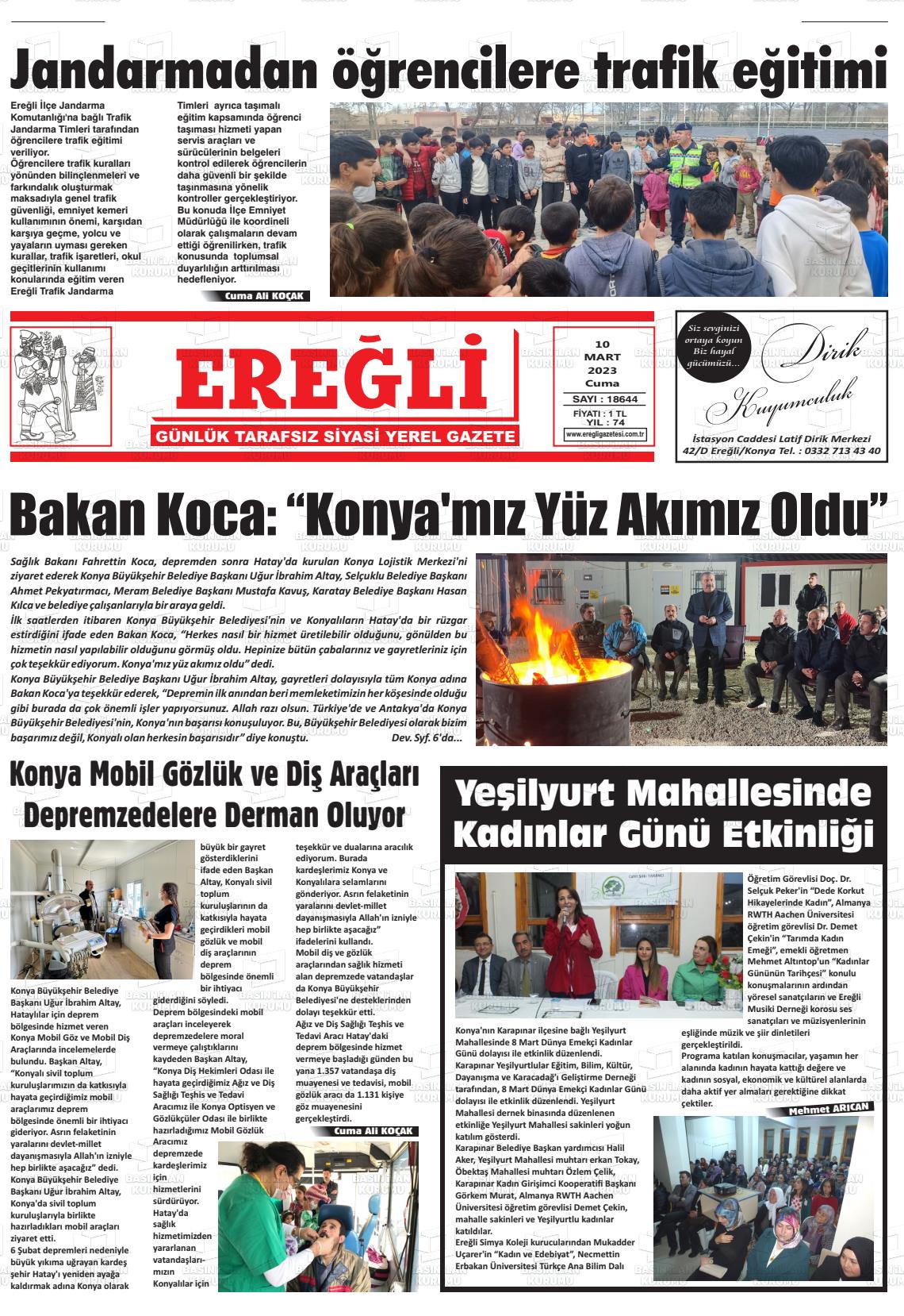 10 Mart 2023 Ereğli Gazete Manşeti