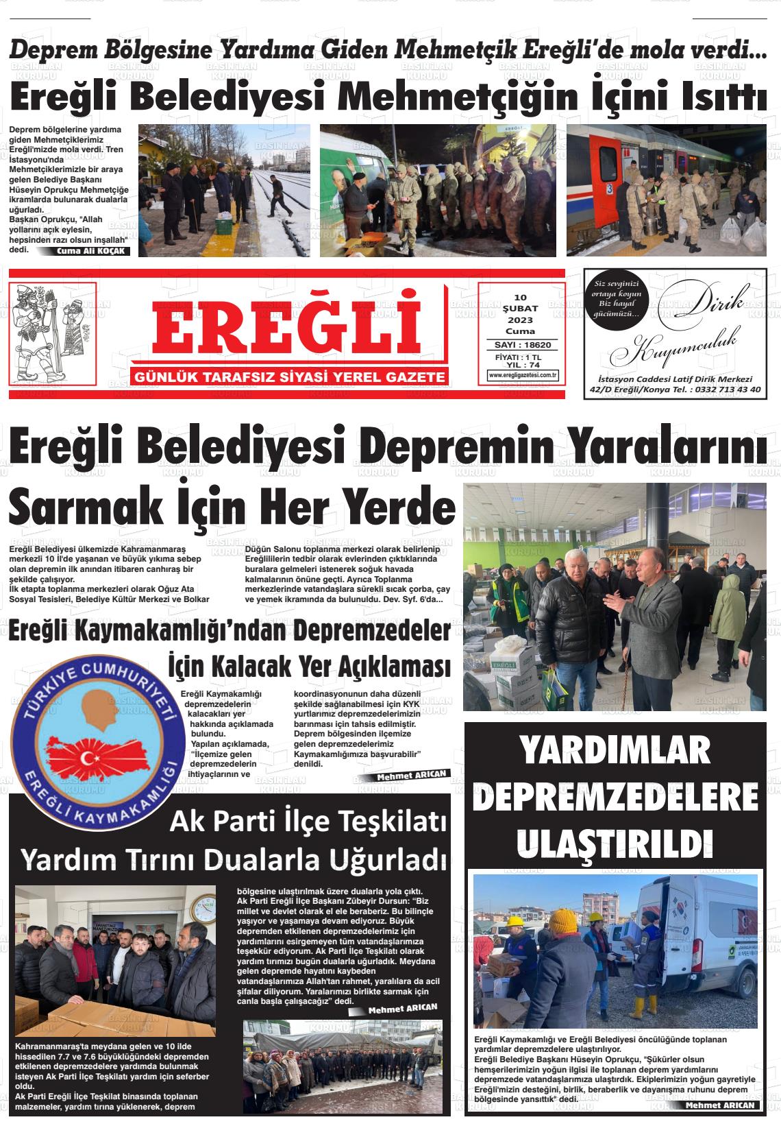 10 Şubat 2023 Ereğli Gazete Manşeti