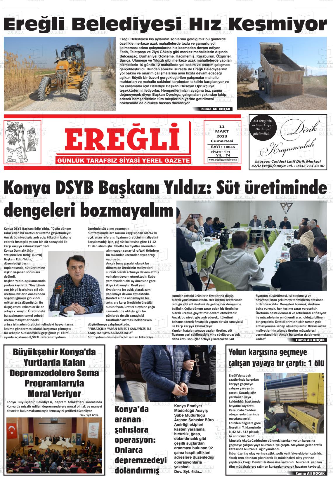 11 Mart 2023 Ereğli Gazete Manşeti