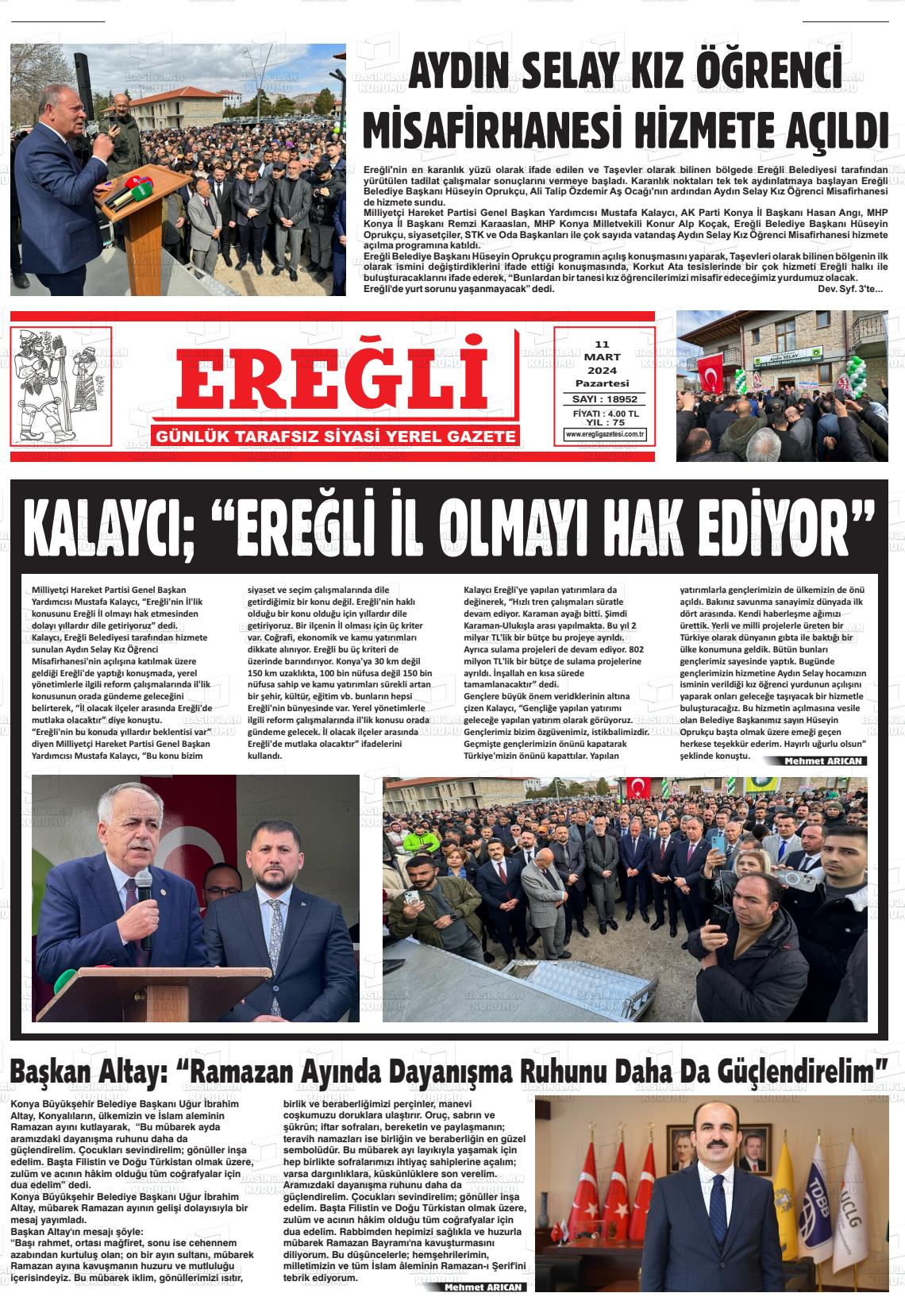 11 Mart 2024 Ereğli Gazete Manşeti