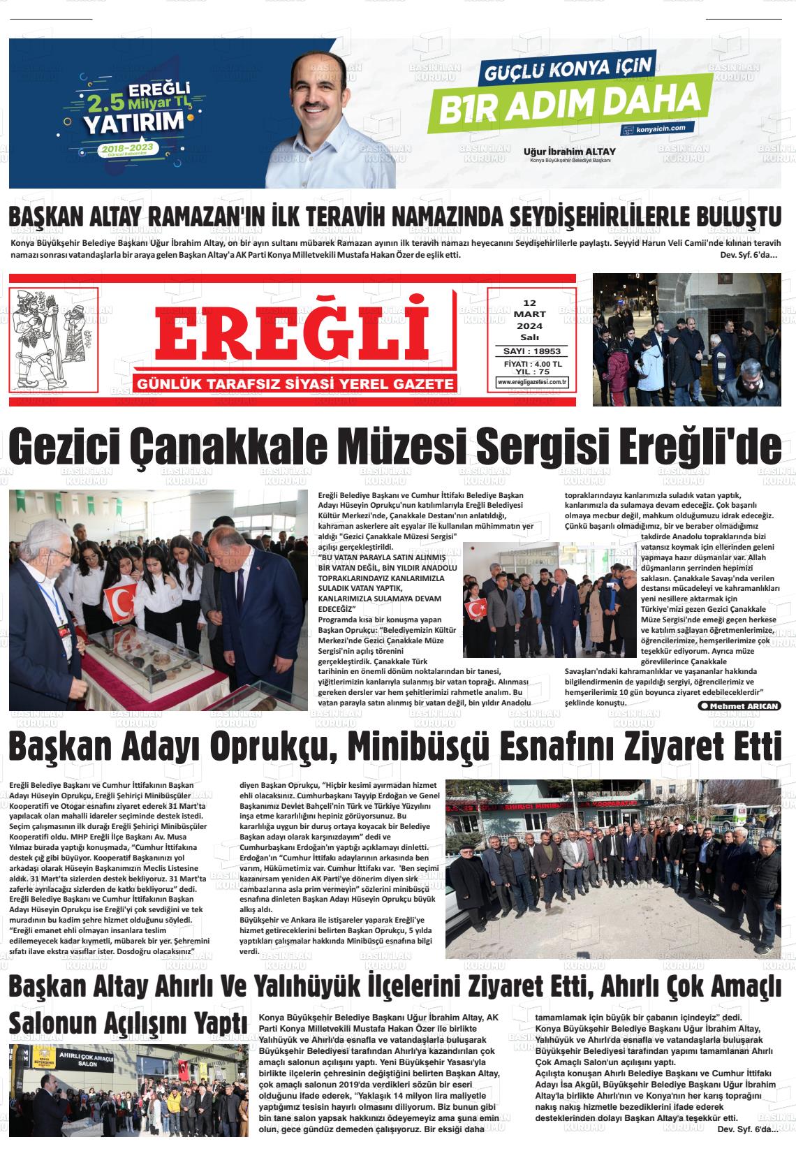 12 Mart 2024 Ereğli Gazete Manşeti