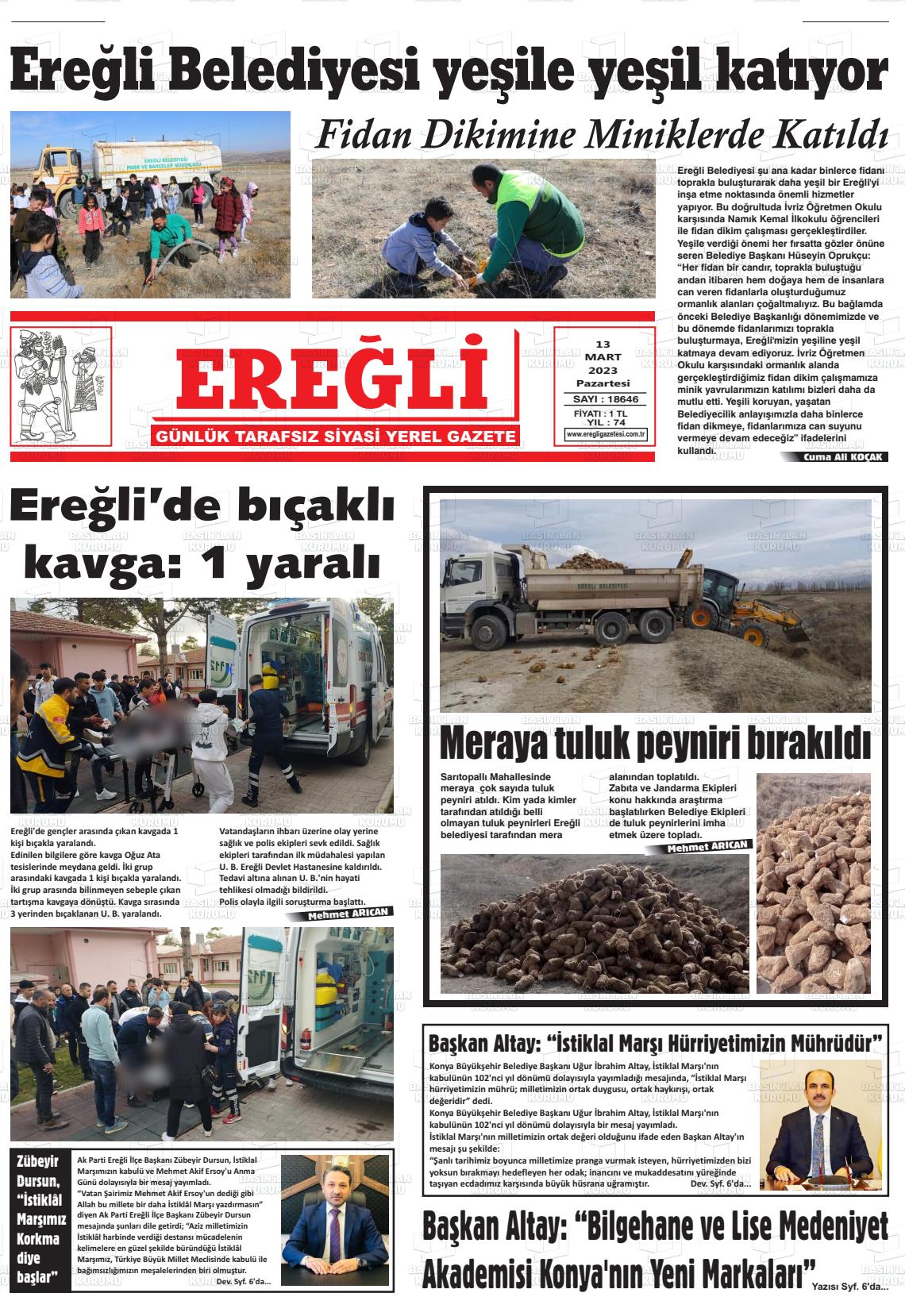 13 Mart 2023 Ereğli Gazete Manşeti