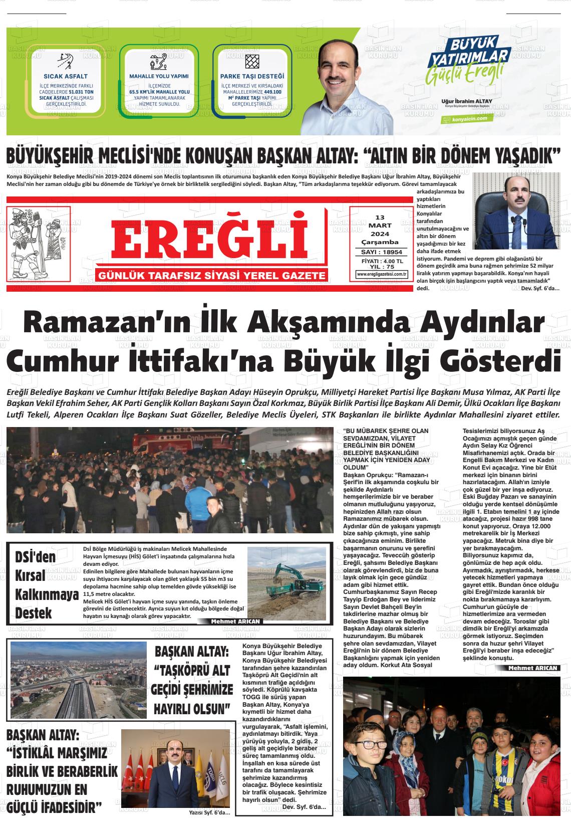 13 Mart 2024 Ereğli Gazete Manşeti