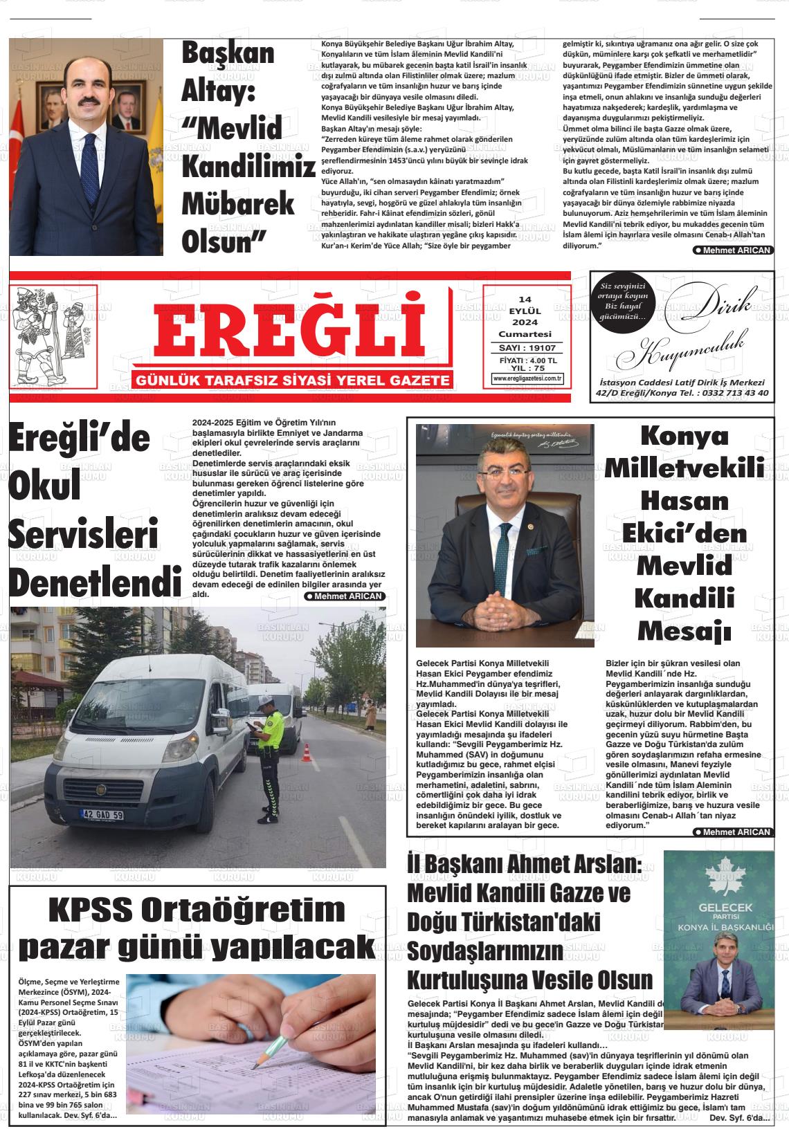 14 Eylül 2024 Ereğli Gazete Manşeti