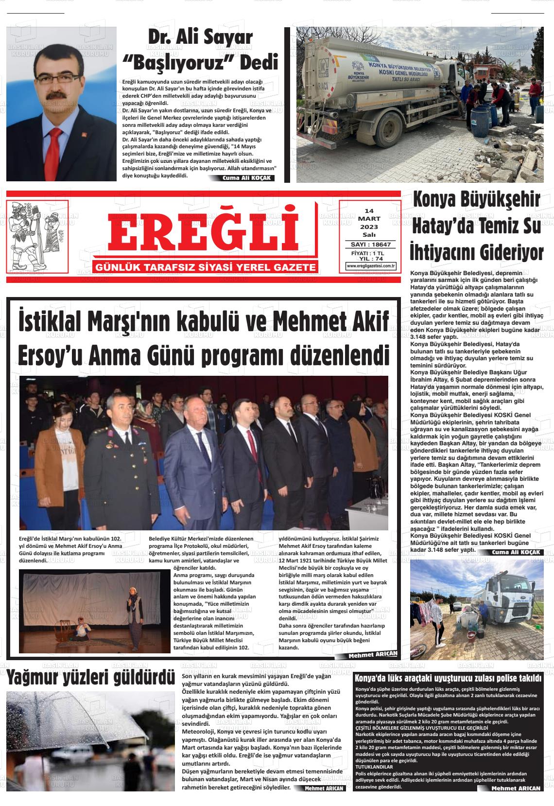 14 Mart 2023 Ereğli Gazete Manşeti