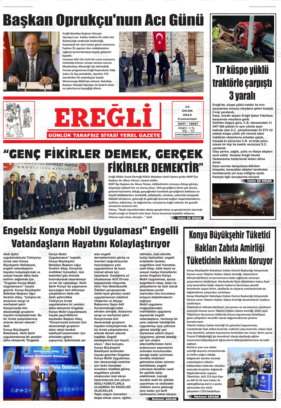 14 Ocak 2023 Ereğli Gazete Manşeti