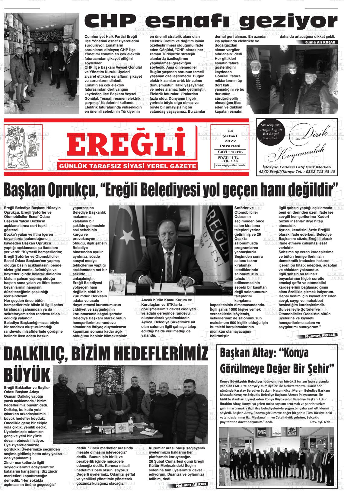 14 Şubat 2022 Ereğli Gazete Manşeti