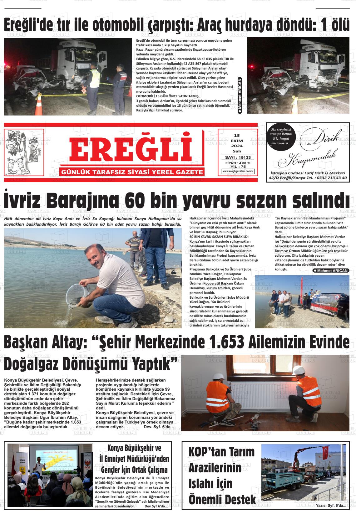 15 Ekim 2024 Ereğli Gazete Manşeti