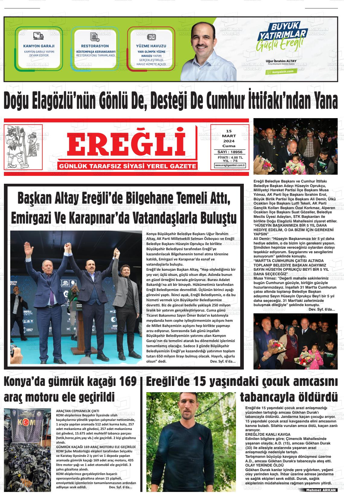 15 Mart 2024 Ereğli Gazete Manşeti