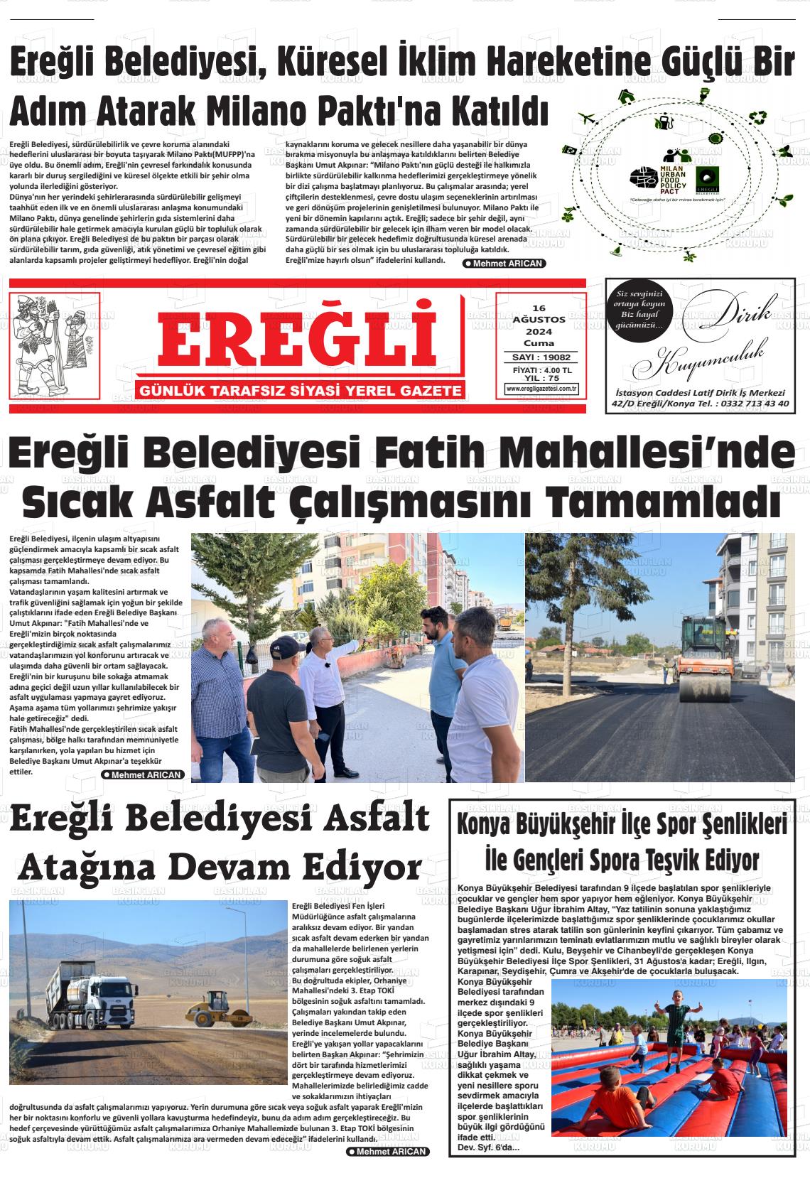 16 Ağustos 2024 Ereğli Gazete Manşeti