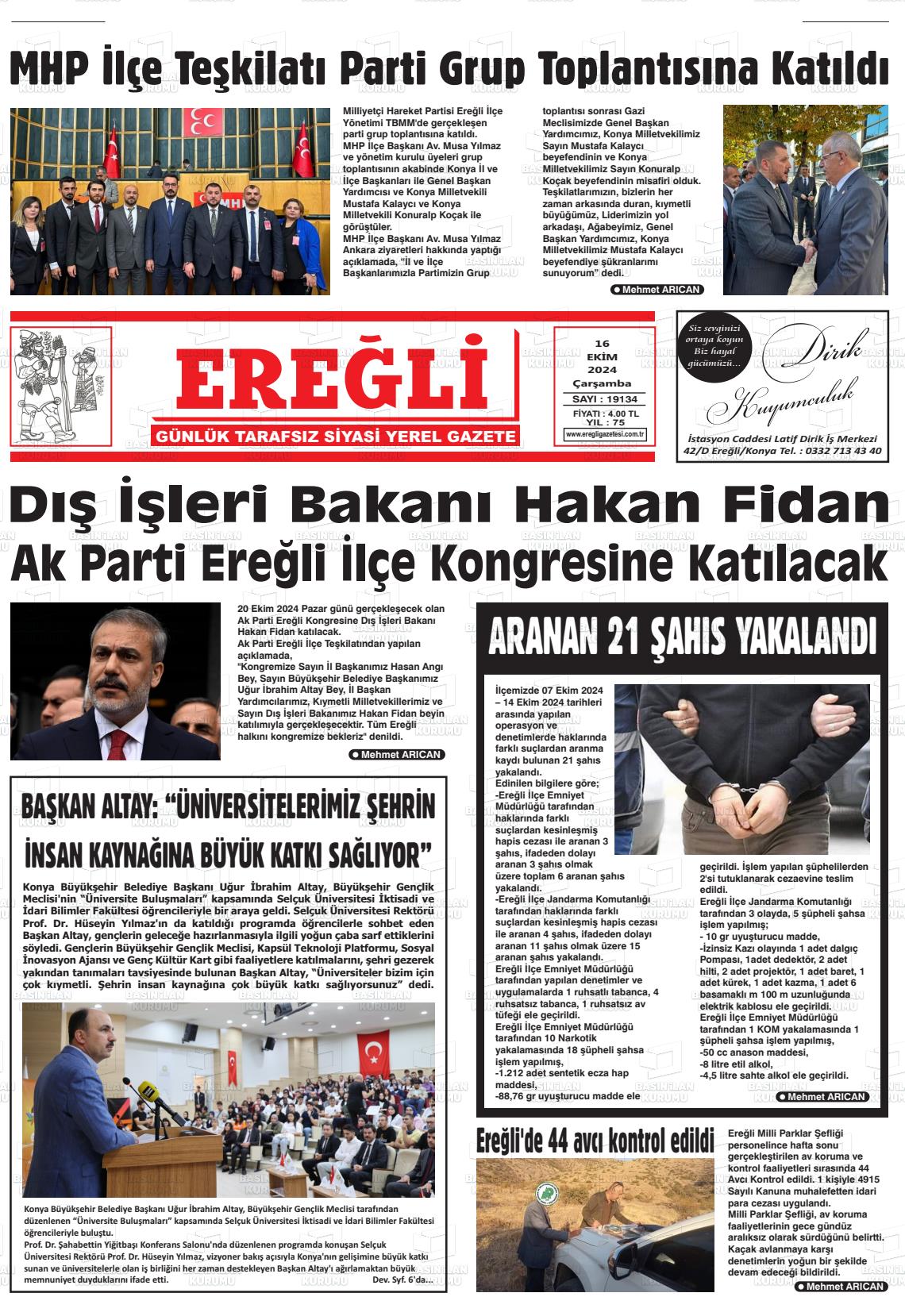 16 Ekim 2024 Ereğli Gazete Manşeti