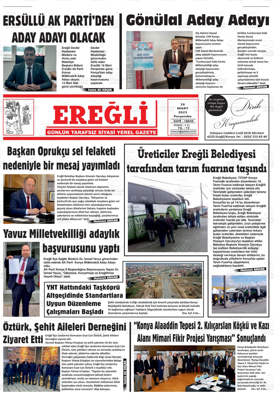 16 Mart 2023 Ereğli Gazete Manşeti