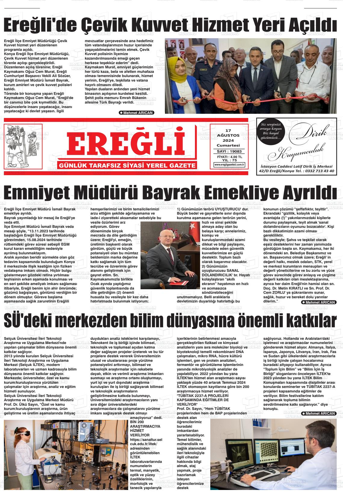 17 Ağustos 2024 Ereğli Gazete Manşeti