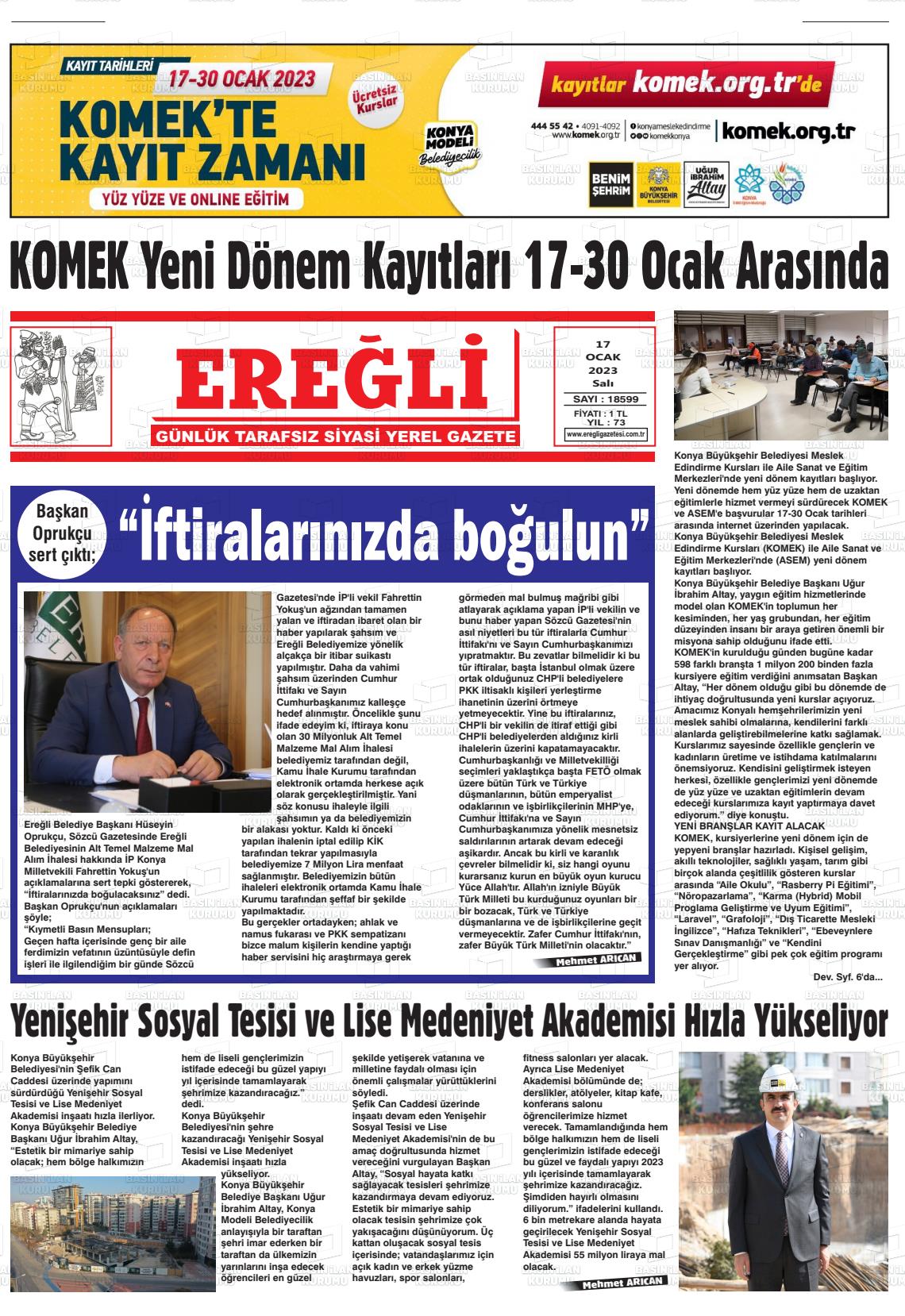 17 Ocak 2023 Ereğli Gazete Manşeti